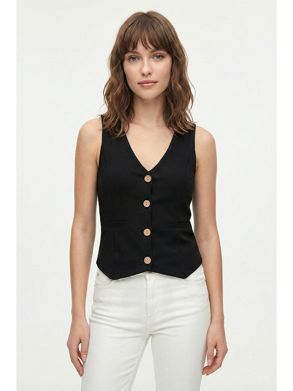 Siyah Fittili Regular Fit V Yaka Düğmeli Kadın Yelek 5866559-4