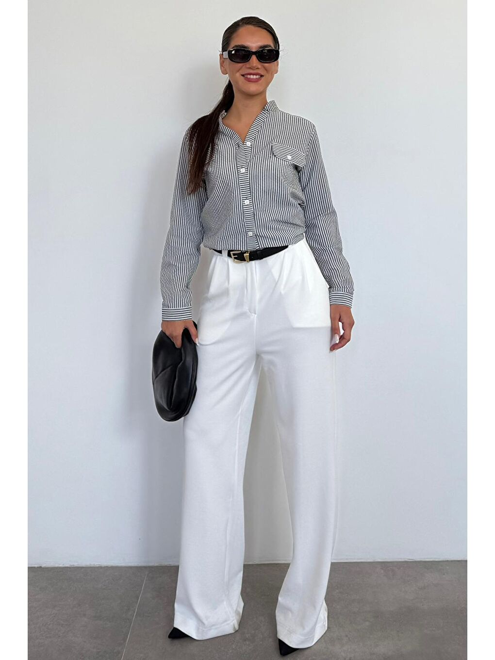 Siyah Çizgili Gofre Kumaş Kadın Oversize Gömlek Mg1666-1