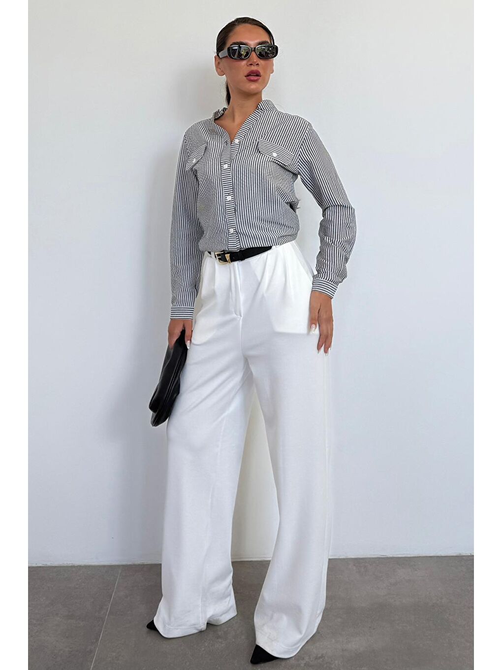 Siyah Çizgili Gofre Kumaş Kadın Oversize Gömlek Mg1666-2