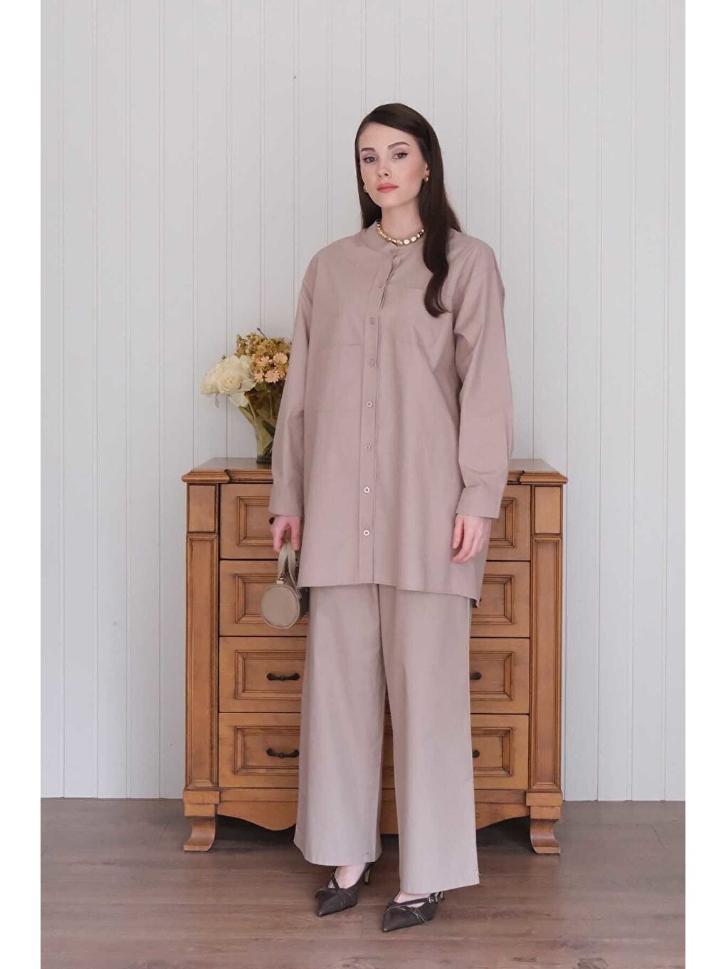 Bej Vizon Çapraz Cep Detay Gömlek Boru Paça Pantolon Takım-1