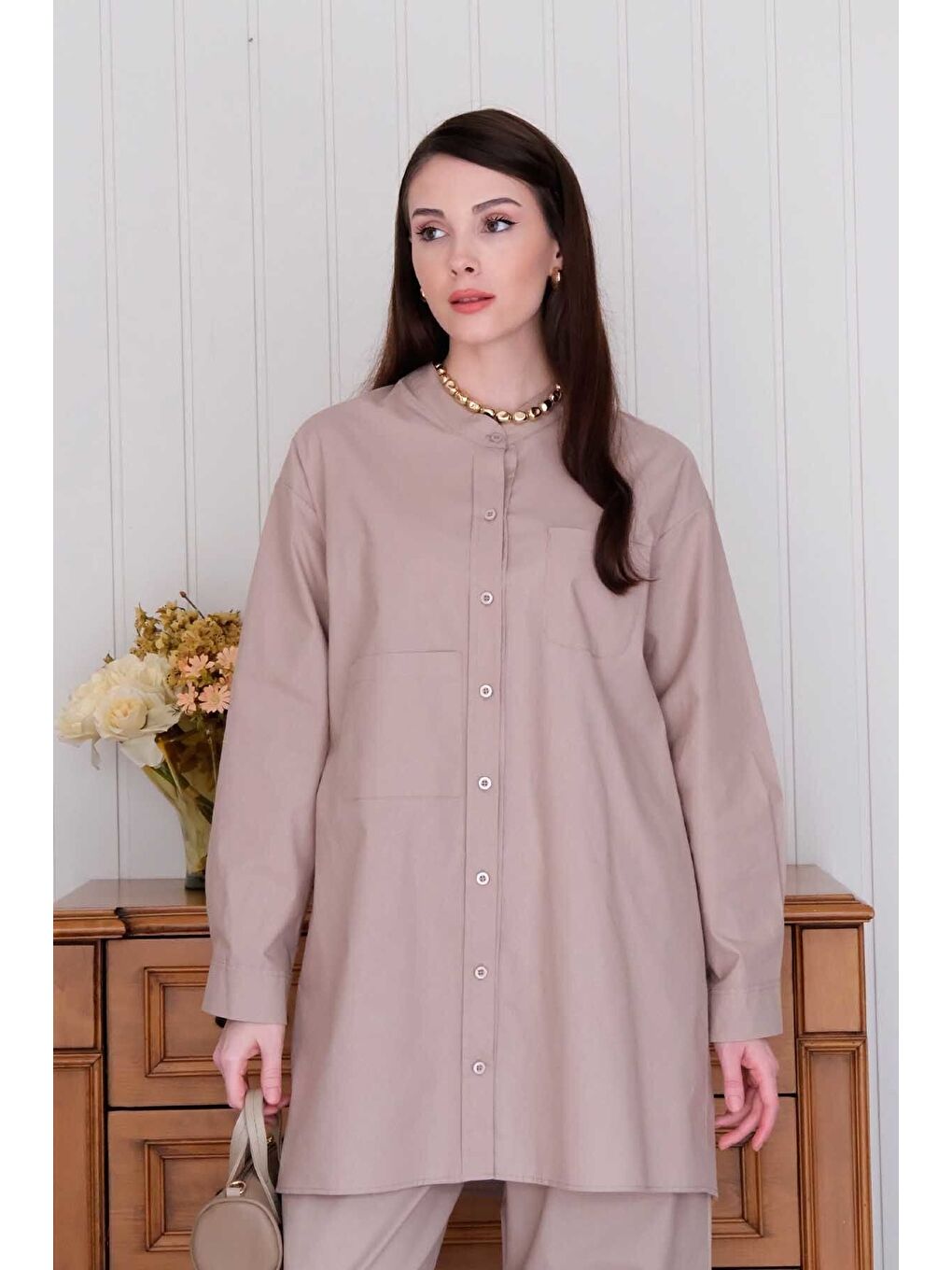 Bej Vizon Çapraz Cep Detay Gömlek Boru Paça Pantolon Takım-2