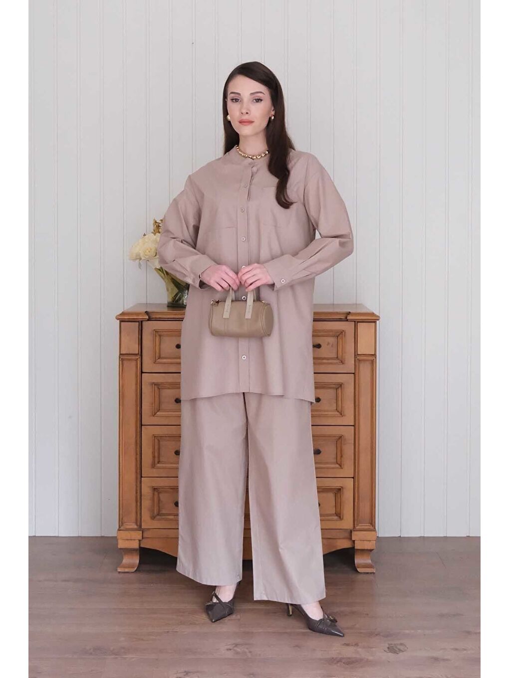 Bej Vizon Çapraz Cep Detay Gömlek Boru Paça Pantolon Takım-4