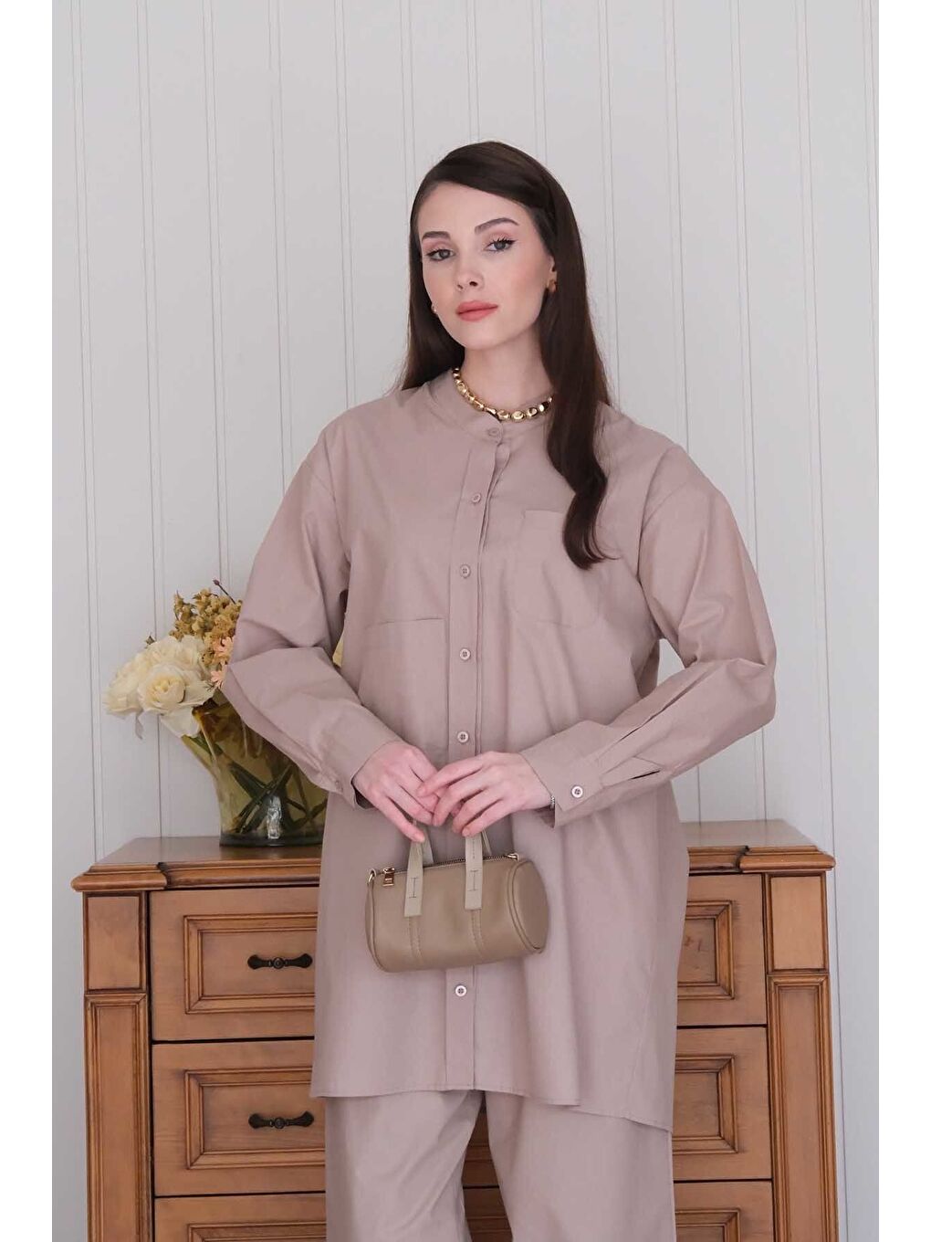 Bej Vizon Çapraz Cep Detay Gömlek Boru Paça Pantolon Takım-5