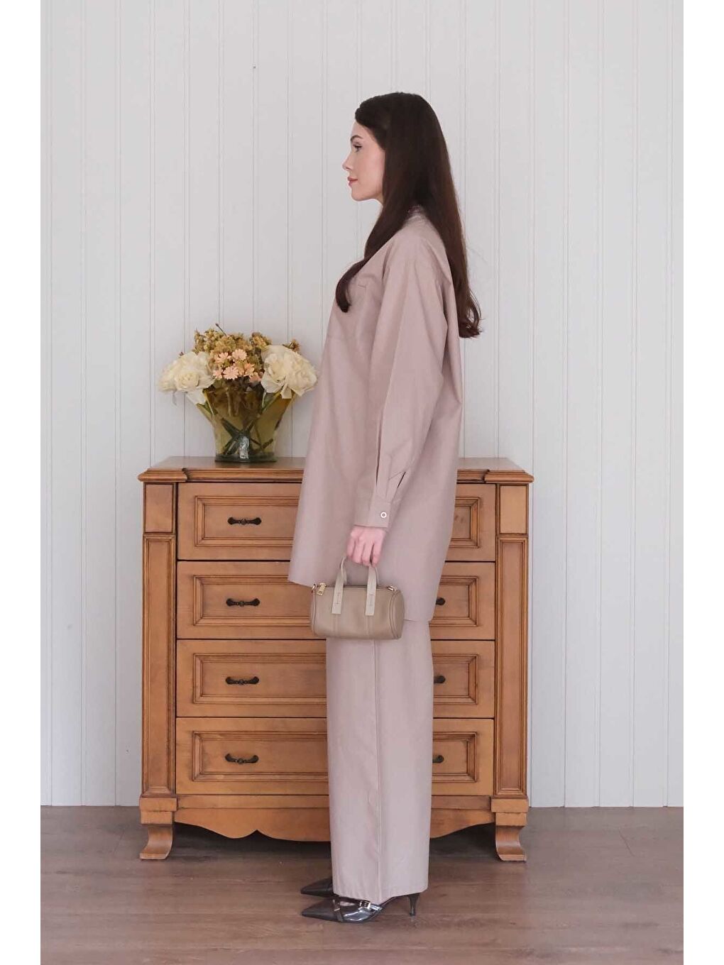 Bej Vizon Çapraz Cep Detay Gömlek Boru Paça Pantolon Takım-6