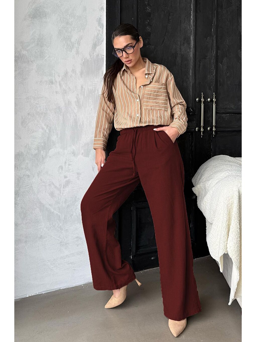 Bordo Beli Büzgülü Wide Leg Kumaş Pantolon Mg1950