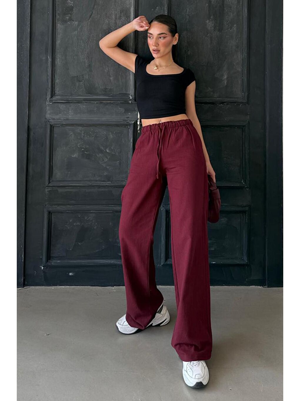 Bordo Beli Büzgülü Wide Leg Kumaş Pantolon Mg1950-1