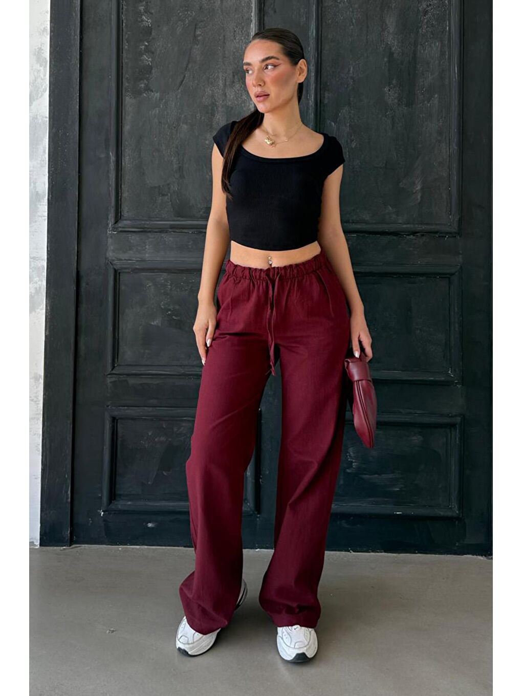 Bordo Beli Büzgülü Wide Leg Kumaş Pantolon Mg1950-2
