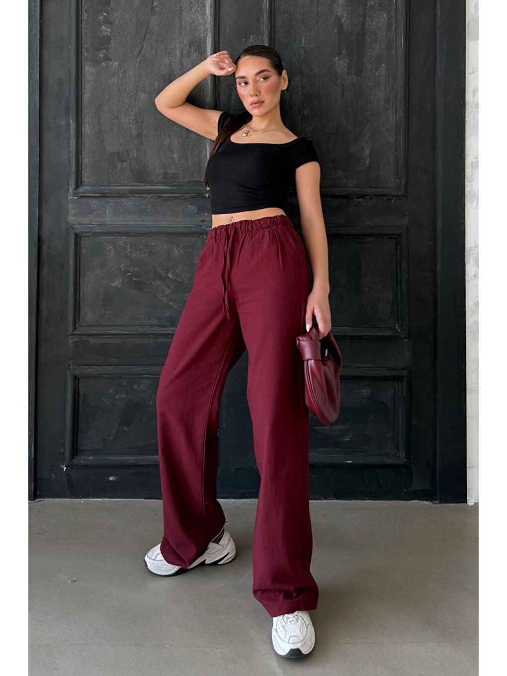 Bordo Beli Büzgülü Wide Leg Kumaş Pantolon Mg1950-3