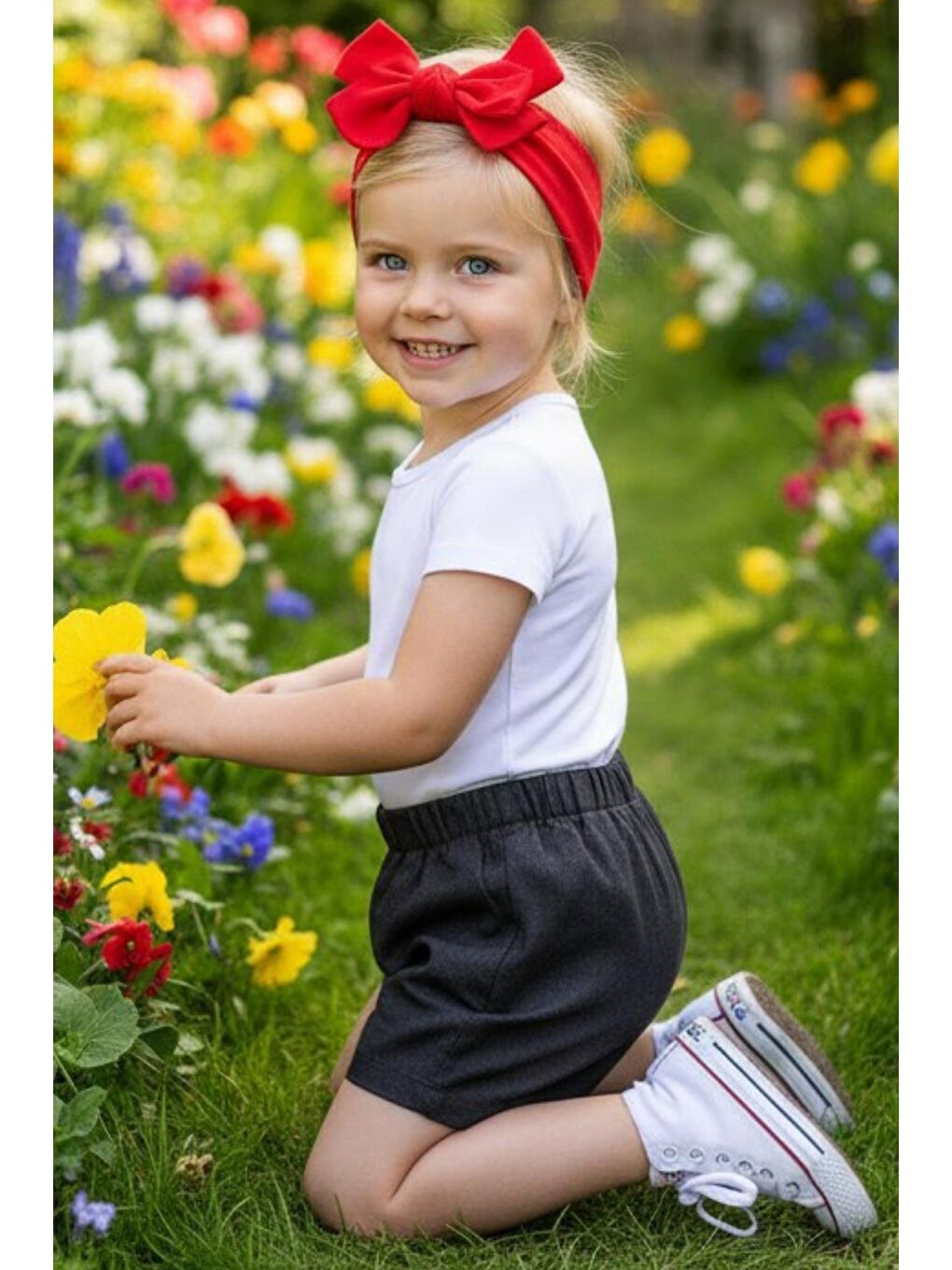 Kız Çocuk Lacivert Jean Şort Kırmızı Dev Fiyonk Bandana-1