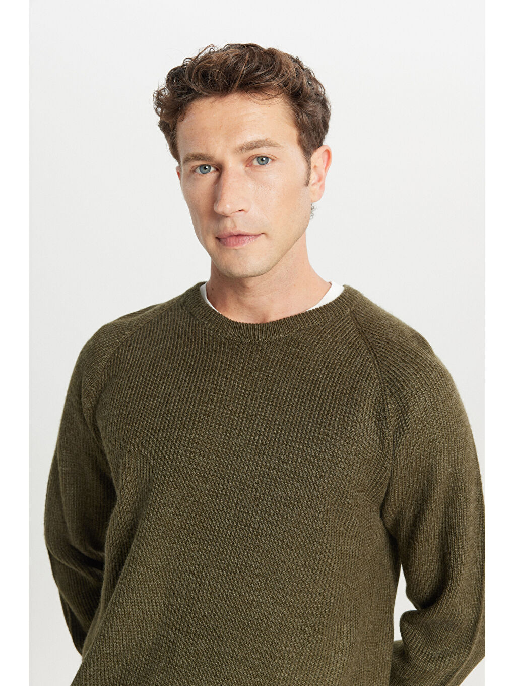 Erkek Haki Standart Fit Normal Kesim Bisiklet Yaka Jakarlı Triko Kazak-3