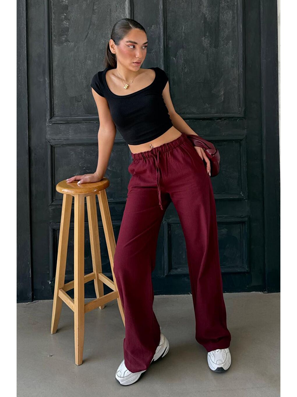 Bordo Beli Büzgülü Wide Leg Kumaş Pantolon Mg1950-4