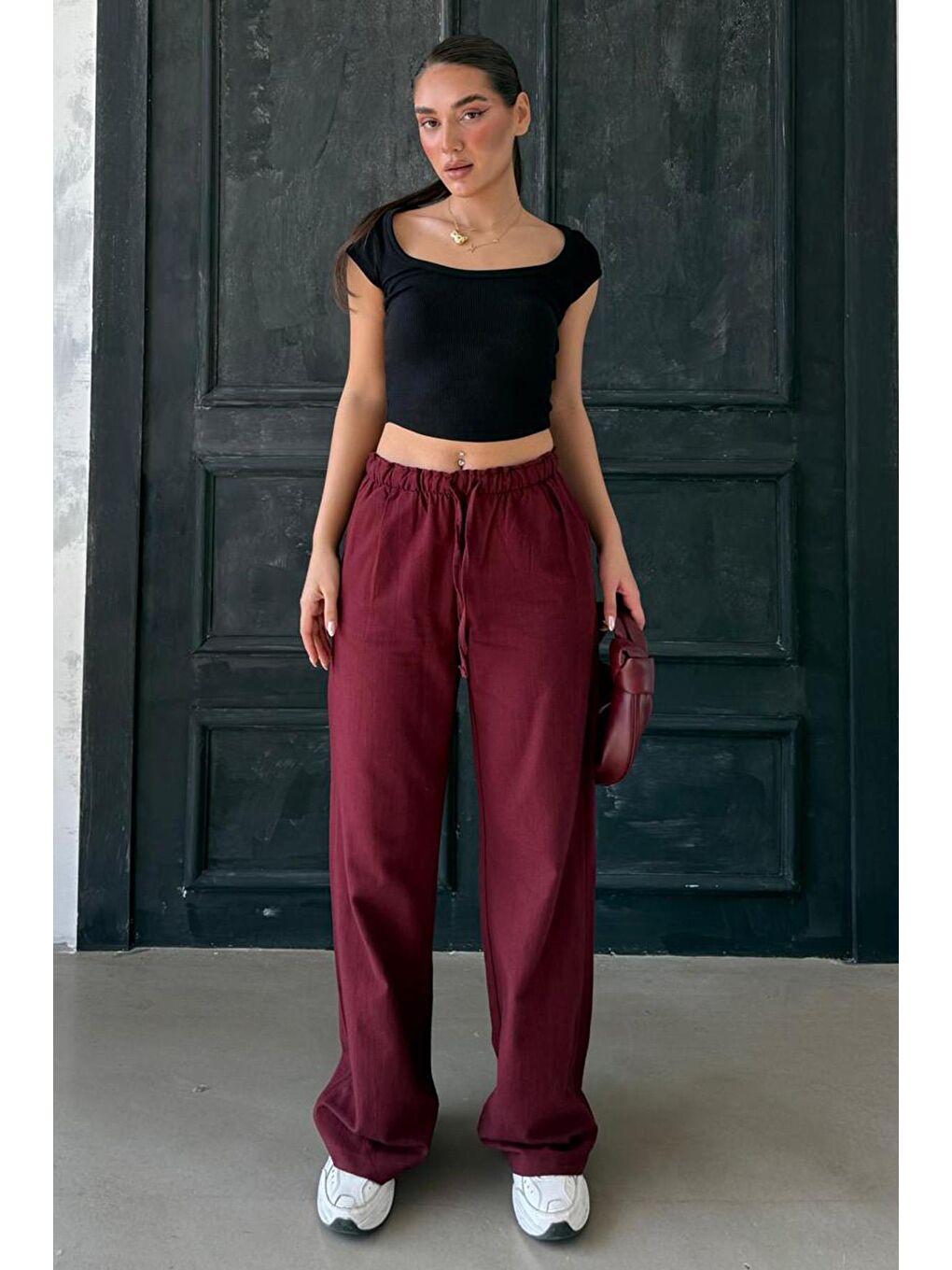 Bordo Beli Büzgülü Wide Leg Kumaş Pantolon Mg1950-5