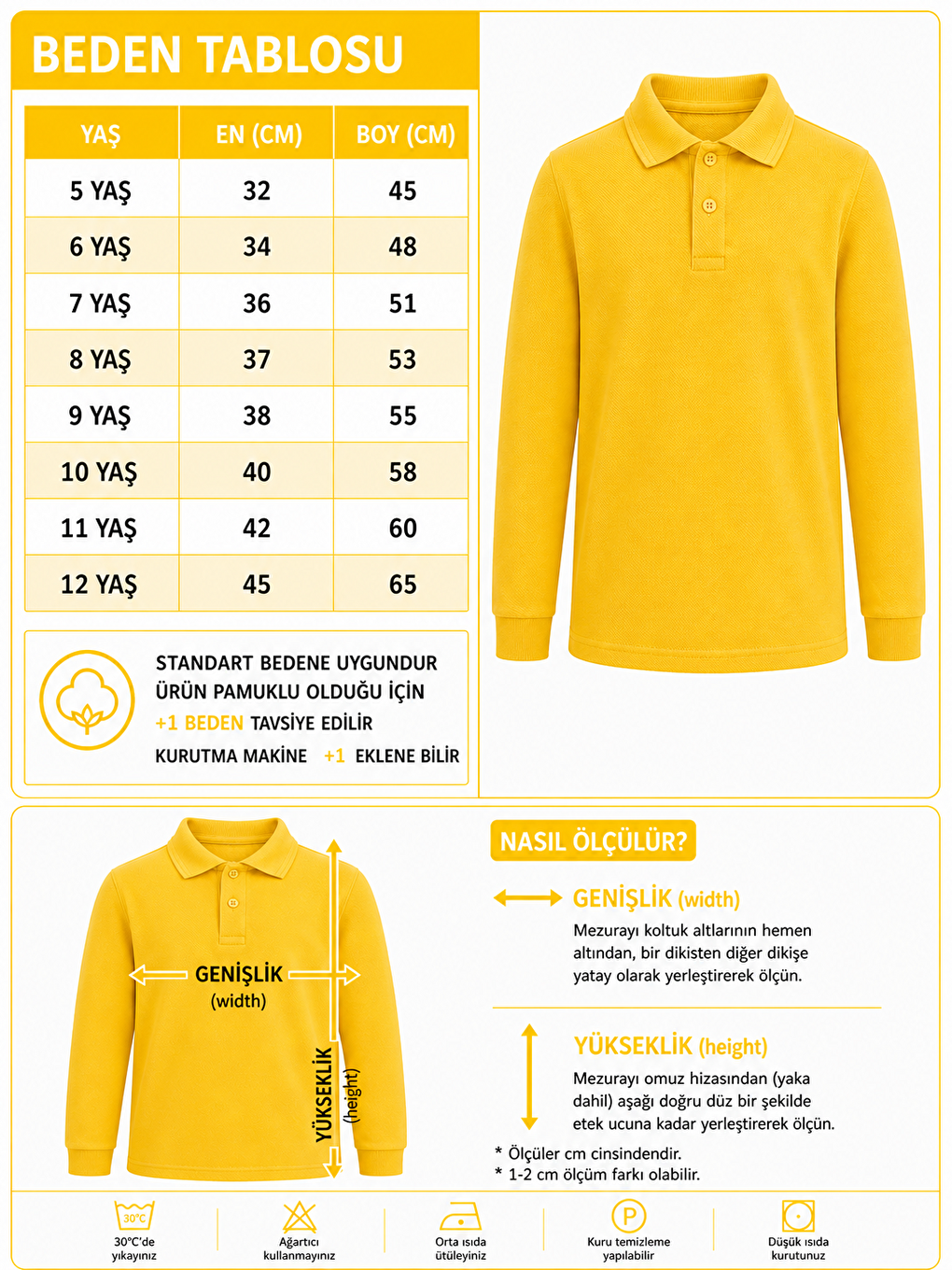 Sarı Kids Polo Yaka Basic Uzun Kollu Erkek Çocuk Tişört-1