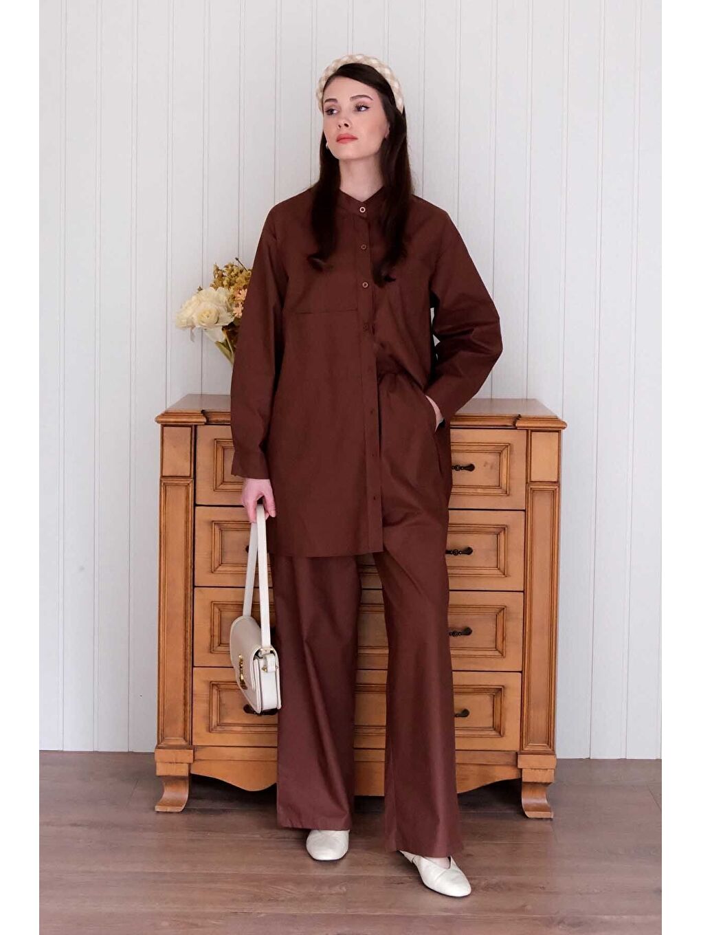 Kahverengi Acı Kahve Çapraz Cep Detay Gömlek Boru Paça Pantolon Takım-1