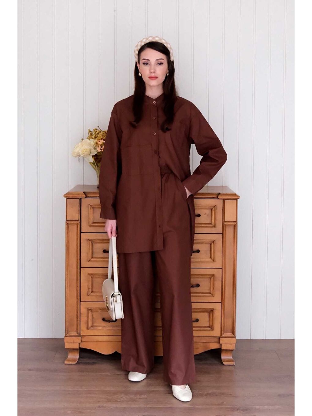 Kahverengi Acı Kahve Çapraz Cep Detay Gömlek Boru Paça Pantolon Takım-2