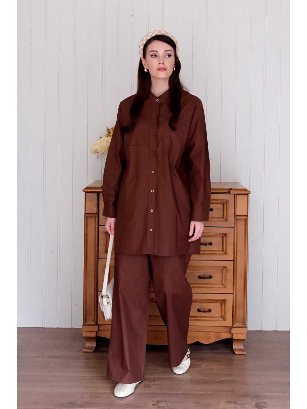 Kahverengi Acı Kahve Çapraz Cep Detay Gömlek Boru Paça Pantolon Takım-3