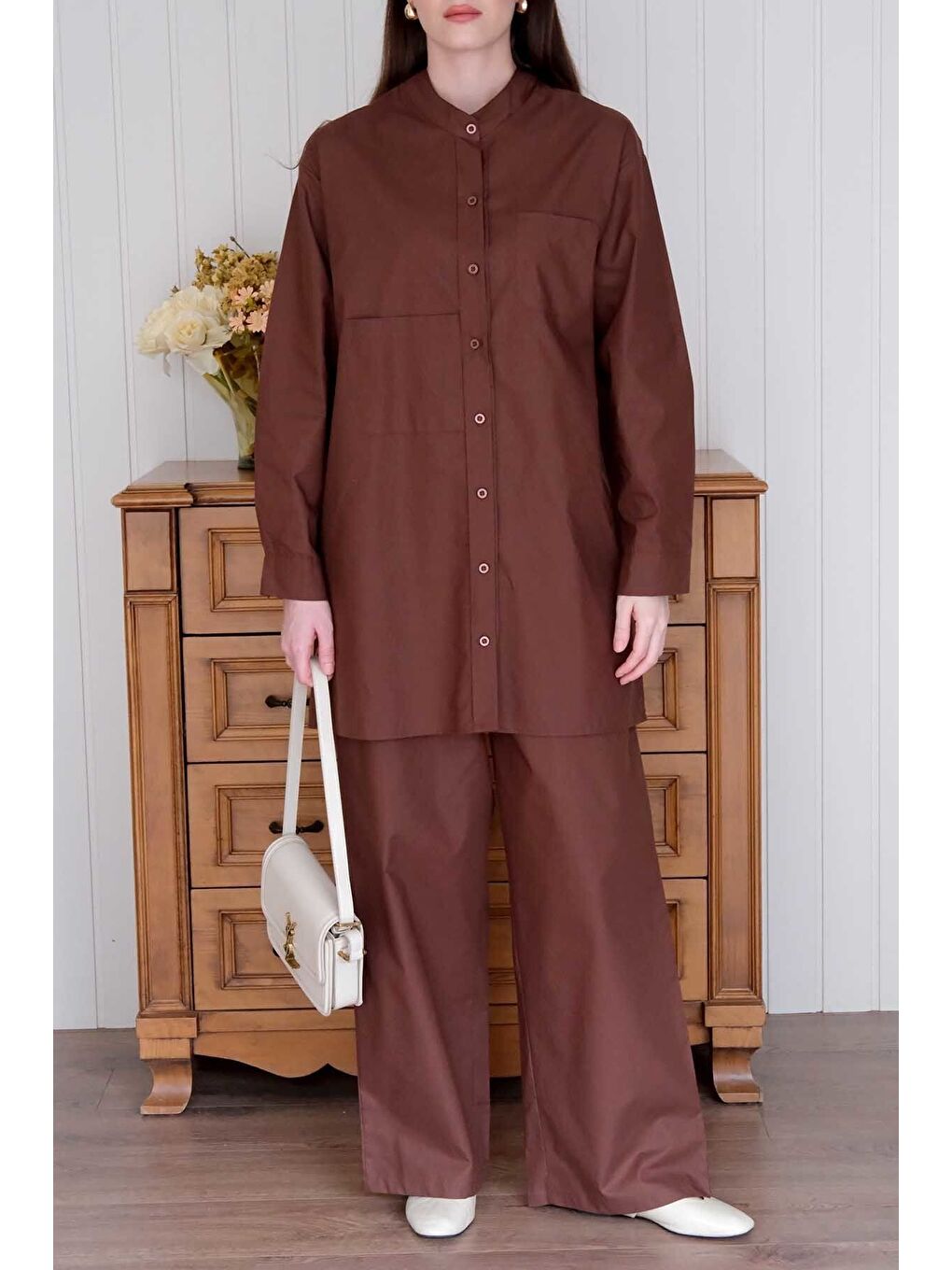 Kahverengi Acı Kahve Çapraz Cep Detay Gömlek Boru Paça Pantolon Takım-6