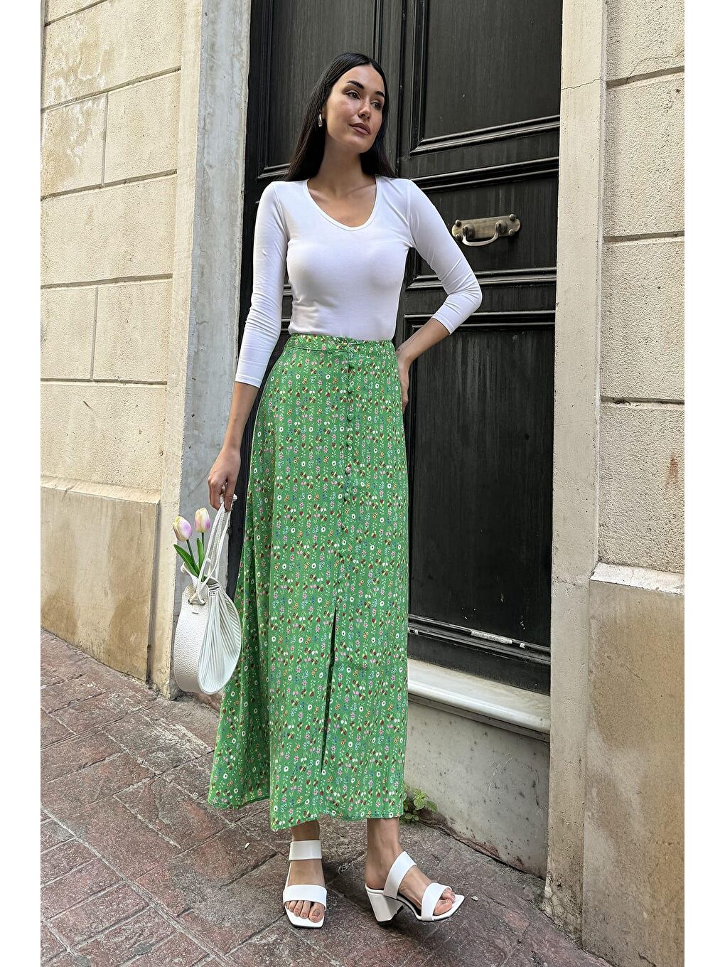 Doğal Viskon Ön Düğmeli Desenli Yeşil Etek-1