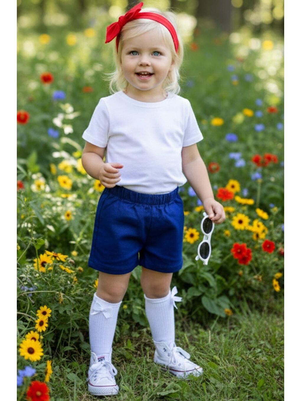 Mavi Kız Çocuk Saks Jean Şort Kırmızı Dev Fiyonk Bandana-1