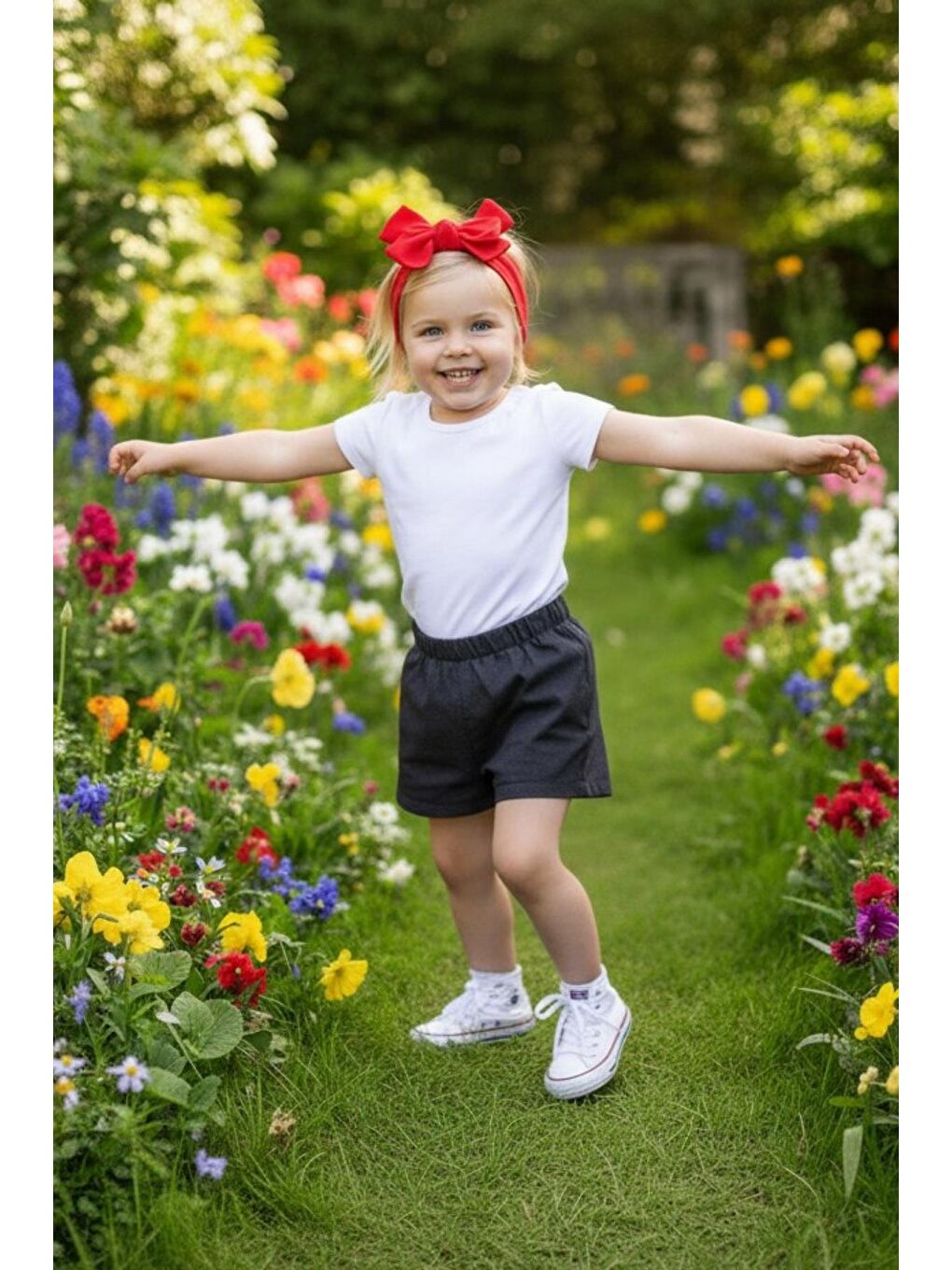 Kız Çocuk Lacivert Jean Şort Kırmızı Dev Fiyonk Bandana-2