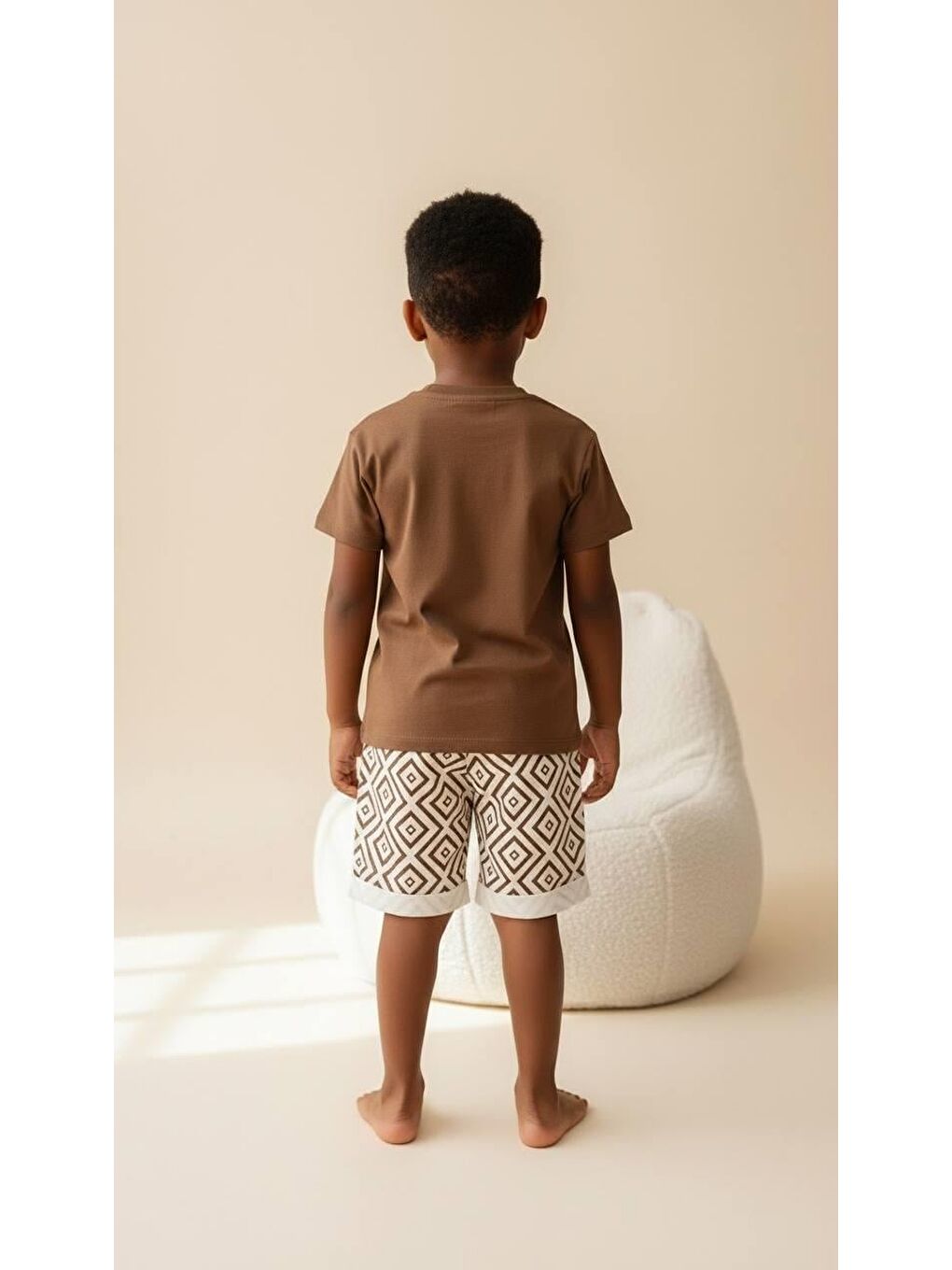 Kahverengi Erkek Çocuk Geometrik Baskılı Pamuklu Şortlu Altüst Takım-2