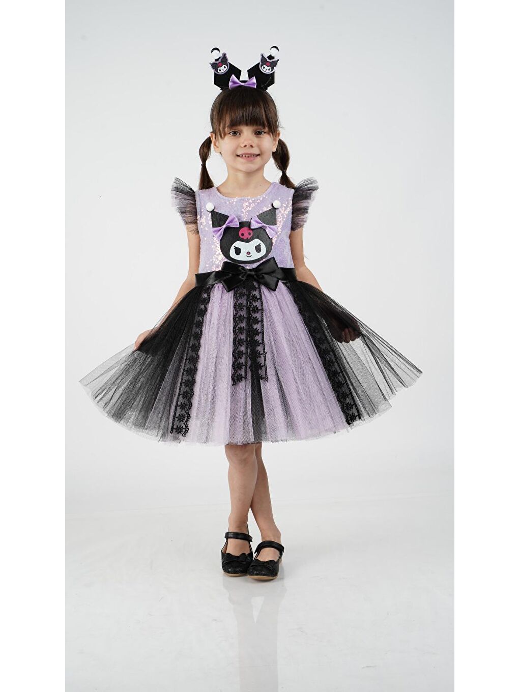 Karışık Kız Çocuk Pamuklu Lila-Siyah Karakter Figürlü Payetli Tüllü Elbise - Dantel Şerit, Fiyonk Detaylı