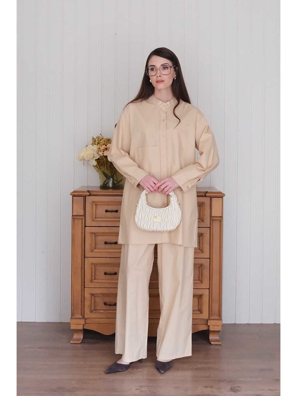 Ekru Krem Çapraz Cep Detay Gömlek Boru Paça Pantolon Takım-1