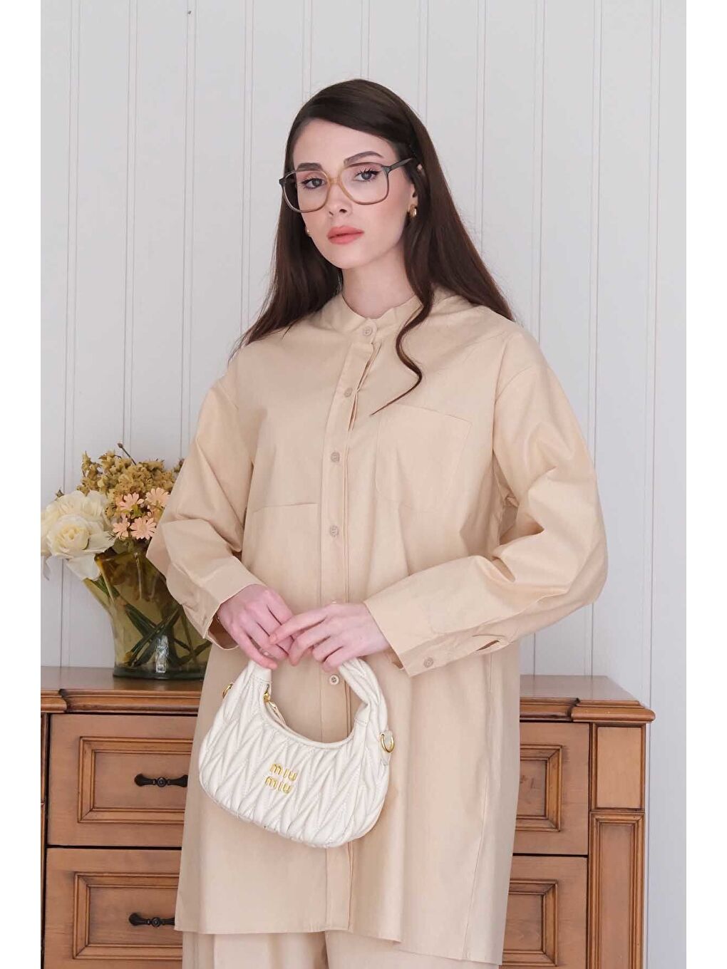 Ekru Krem Çapraz Cep Detay Gömlek Boru Paça Pantolon Takım-2