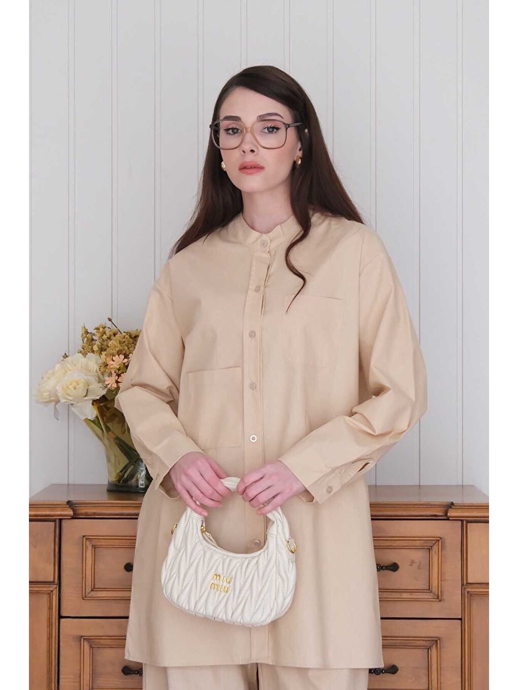 Ekru Krem Çapraz Cep Detay Gömlek Boru Paça Pantolon Takım-4