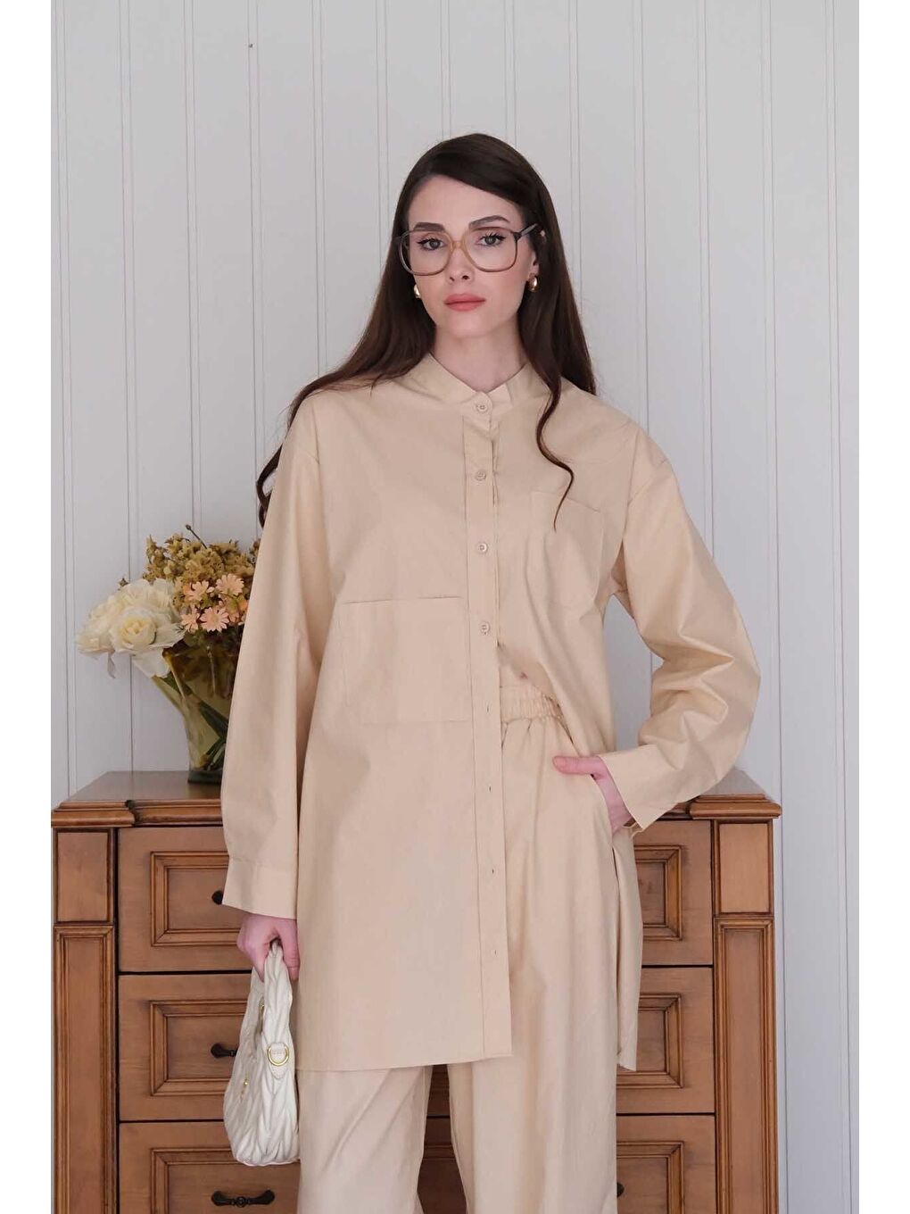 Ekru Krem Çapraz Cep Detay Gömlek Boru Paça Pantolon Takım-5