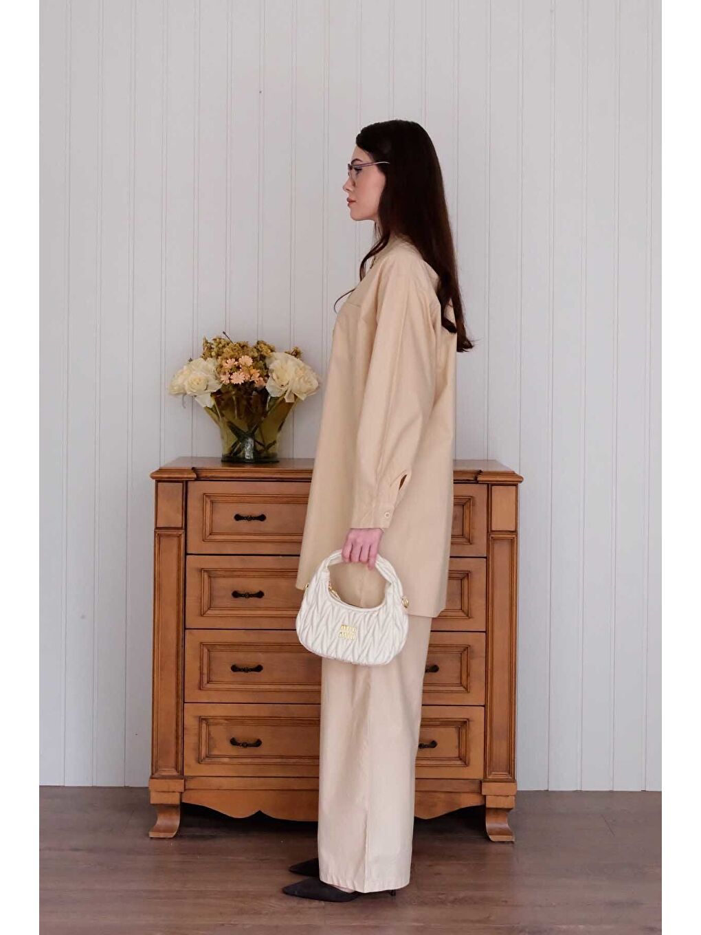 Ekru Krem Çapraz Cep Detay Gömlek Boru Paça Pantolon Takım-6