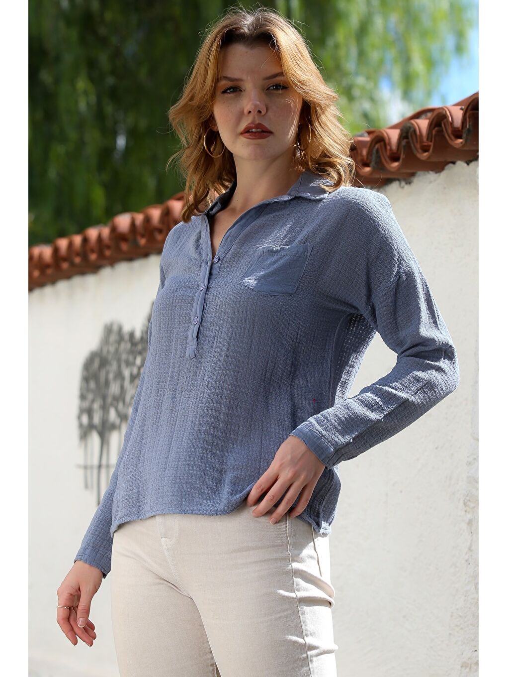 Lila Gömlek Yaka Uzun Kol Düğmeli Cepli Pamuklu Dokuma Bluz 60 56