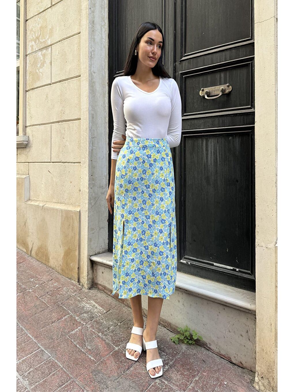 Doğal Viskon Çift Yırtmaç Desenli Mavi Etek-4