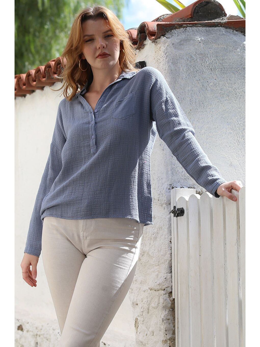 Lila Gömlek Yaka Uzun Kol Düğmeli Cepli Pamuklu Dokuma Bluz 60 56-2