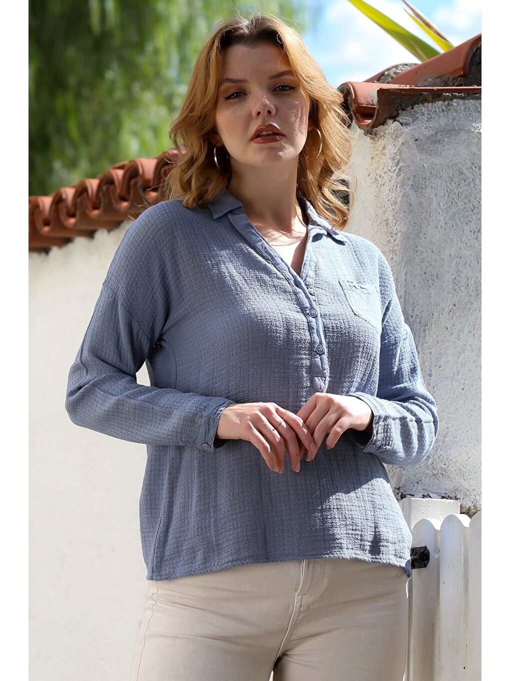 Lila Gömlek Yaka Uzun Kol Düğmeli Cepli Pamuklu Dokuma Bluz 60 56-3