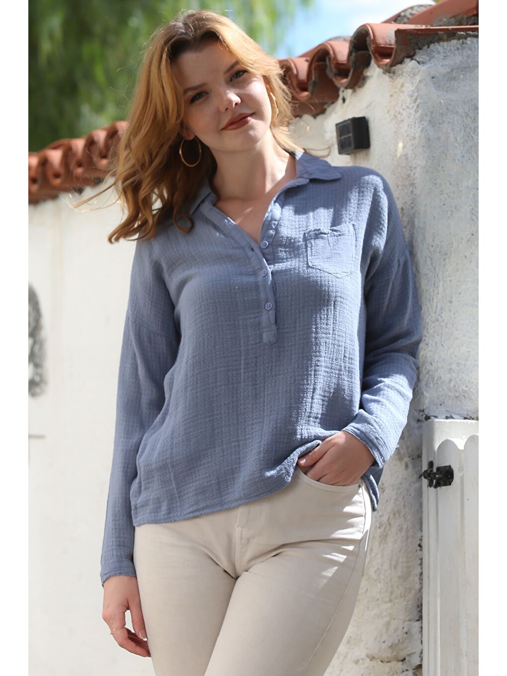 Lila Gömlek Yaka Uzun Kol Düğmeli Cepli Pamuklu Dokuma Bluz 60 56-4