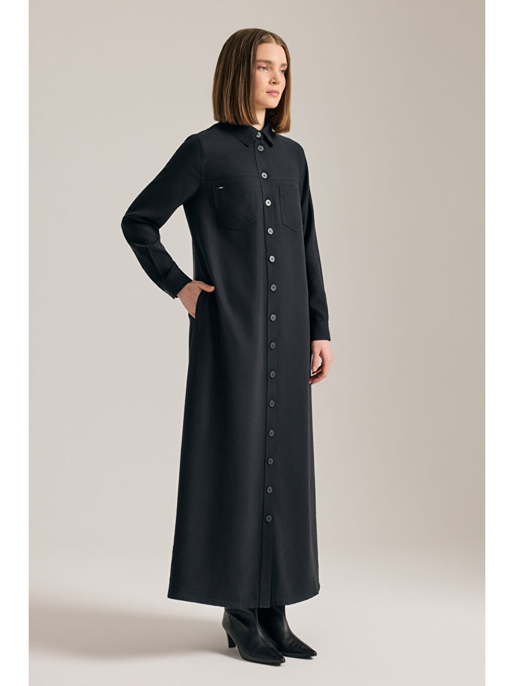 Siyah Önden Düğmeli Modal Gömlek Elbise-2