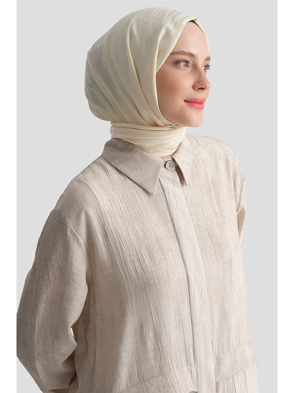 Bej Efektli Kumaş Mixli Tunik Vizon-3