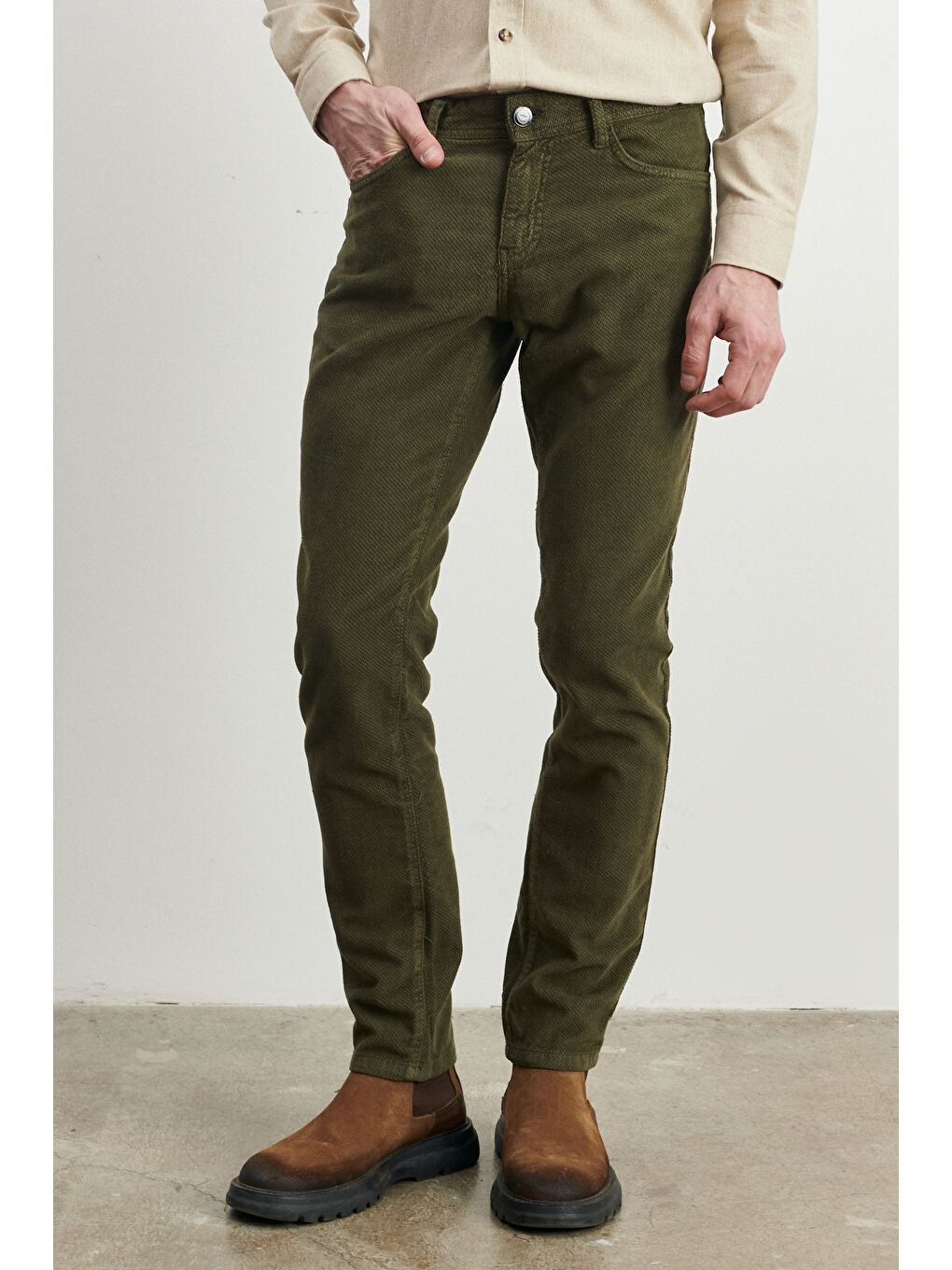 Erkek Haki Slim Fit Dar Kesim Esnek Kadife Pantolon