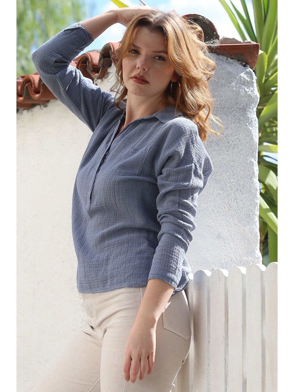 Lila Gömlek Yaka Uzun Kol Düğmeli Cepli Pamuklu Dokuma Bluz 60 56-6