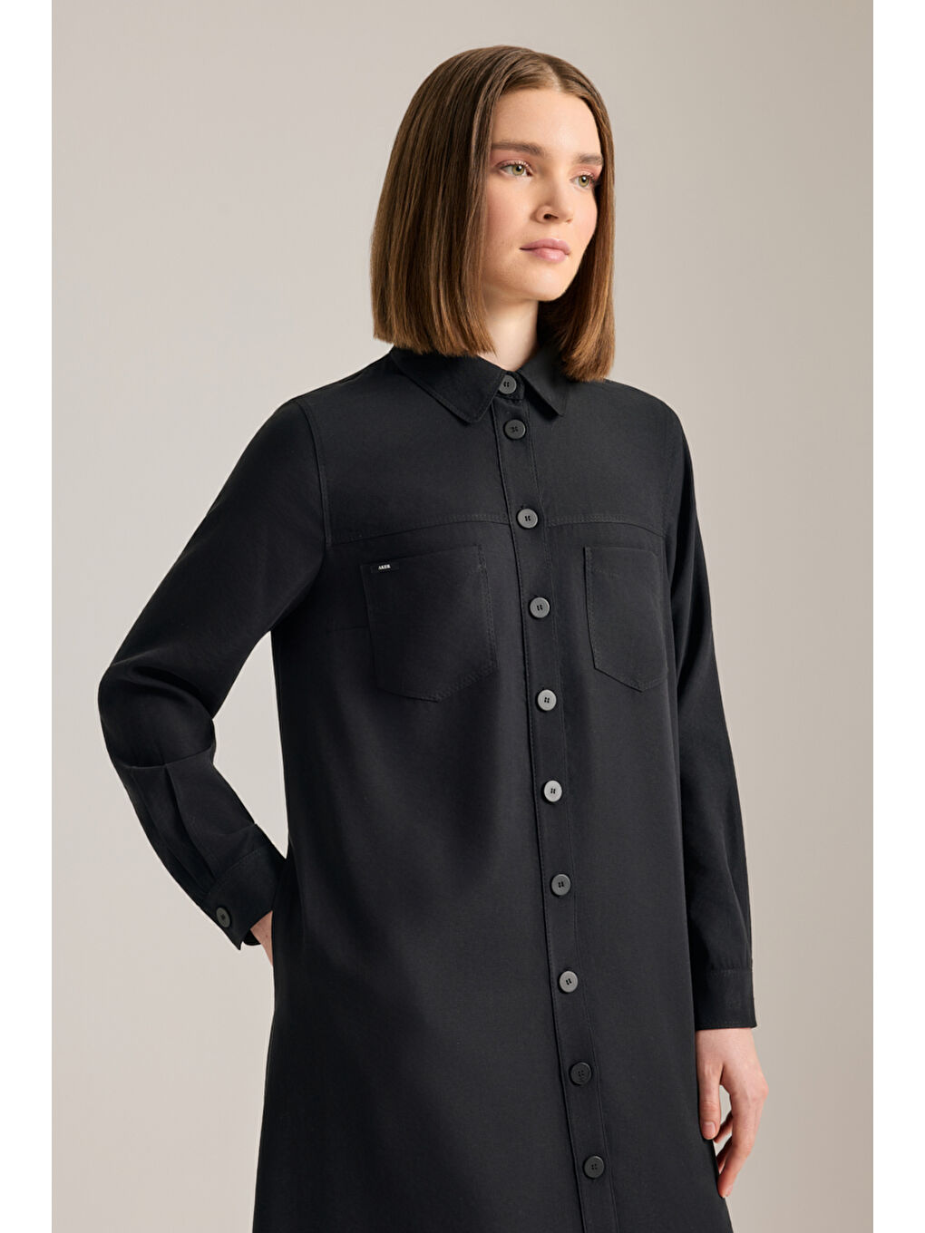 Siyah Önden Düğmeli Modal Gömlek Elbise-3