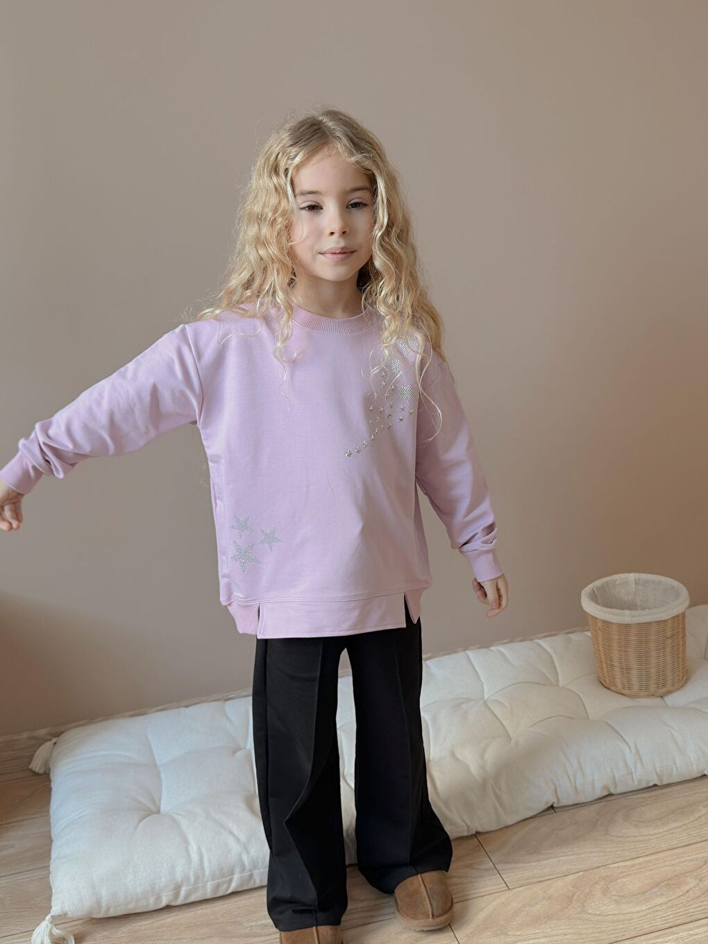 Pembe Kız Çocuk Yıldız Taş Baskılı Beyaz Eşofman Takımı-1