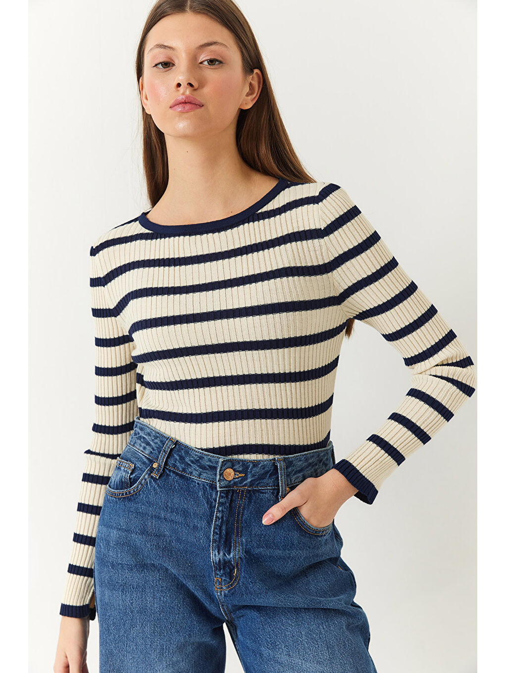 Lacivert Kadın Çizgili Kazak-1