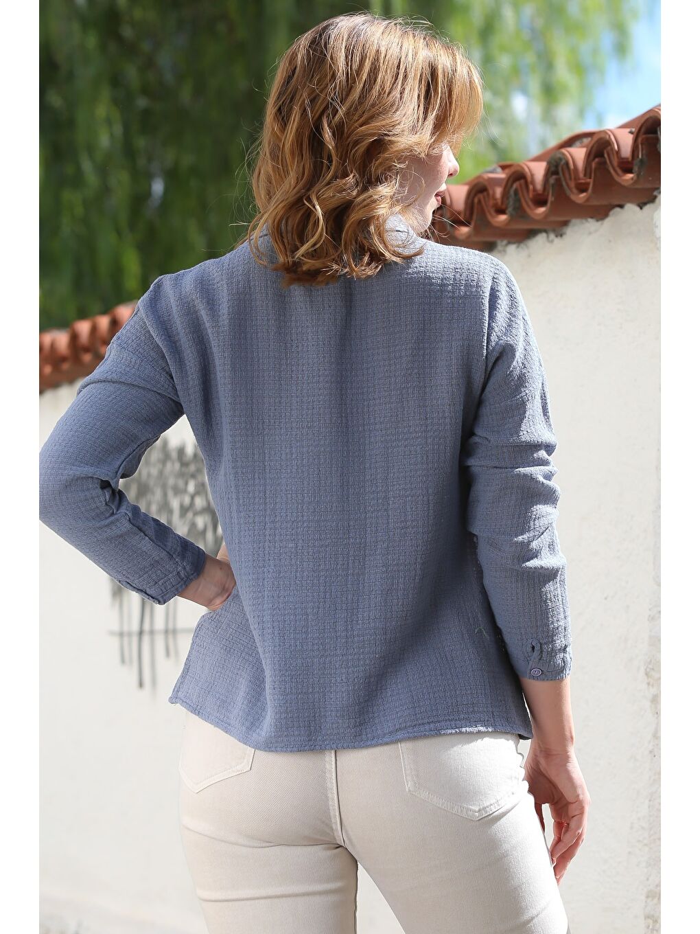 Lila Gömlek Yaka Uzun Kol Düğmeli Cepli Pamuklu Dokuma Bluz 60 56-7