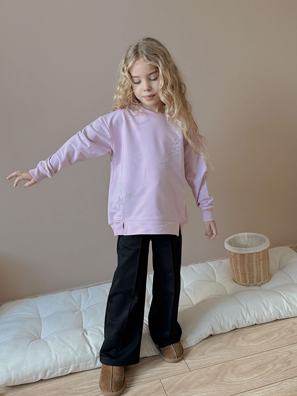 Pembe Kız Çocuk Yıldız Taş Baskılı Beyaz Eşofman Takımı-2