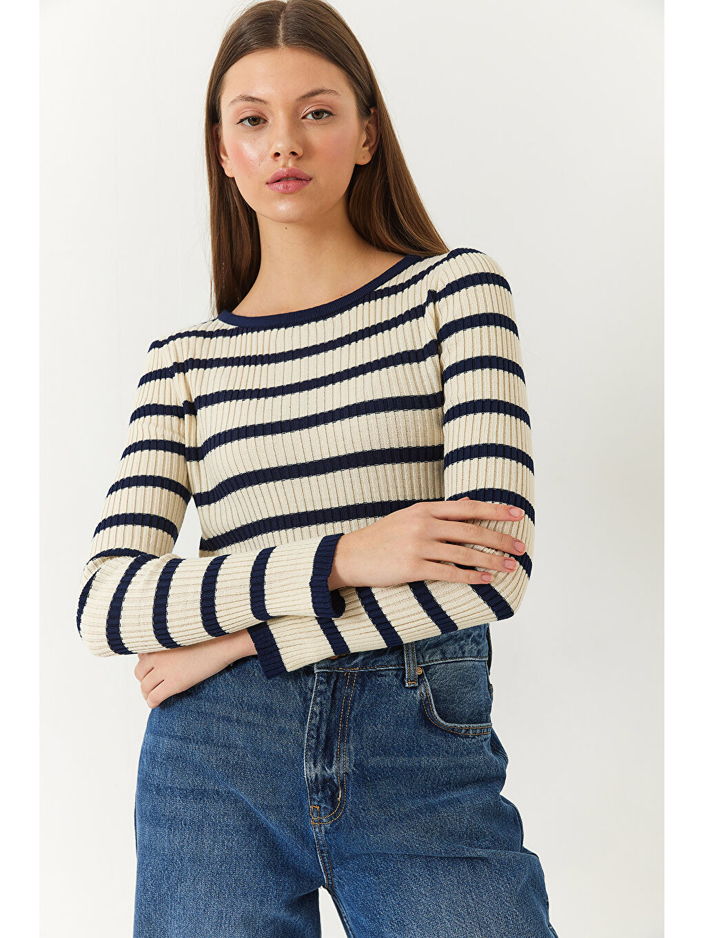 Lacivert Kadın Çizgili Kazak-2