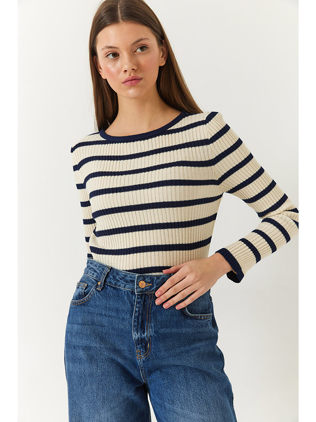 Lacivert Kadın Çizgili Kazak-3