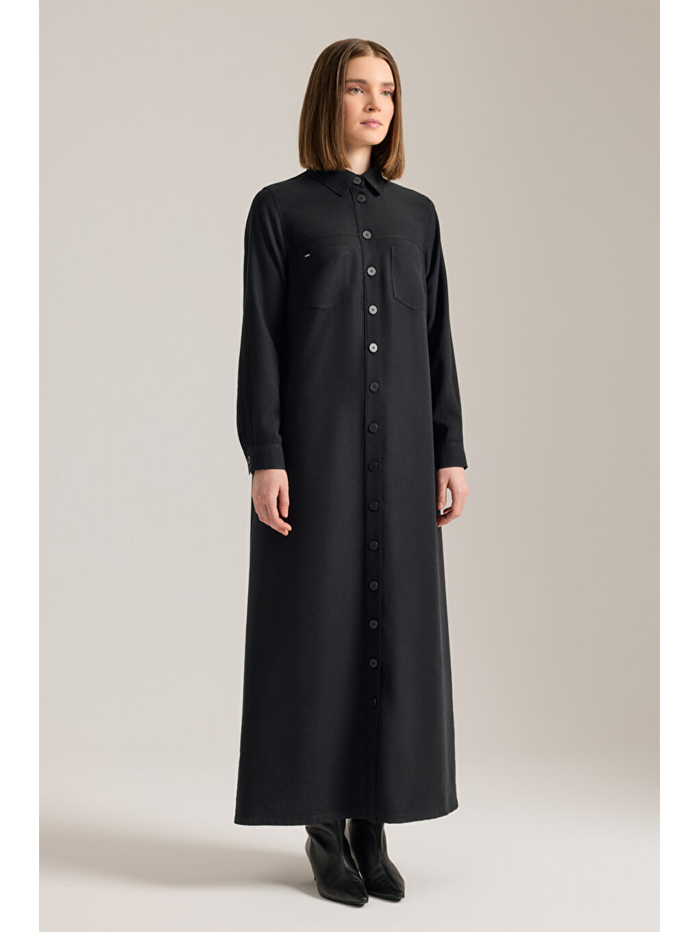 Siyah Önden Düğmeli Modal Gömlek Elbise-4