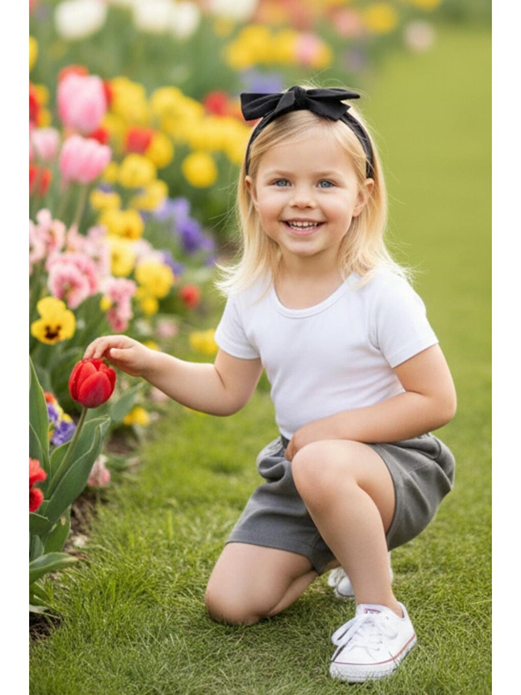 Kız Çocuk Gri Jean Şort Siyah Dev Fiyonk Bandana-3