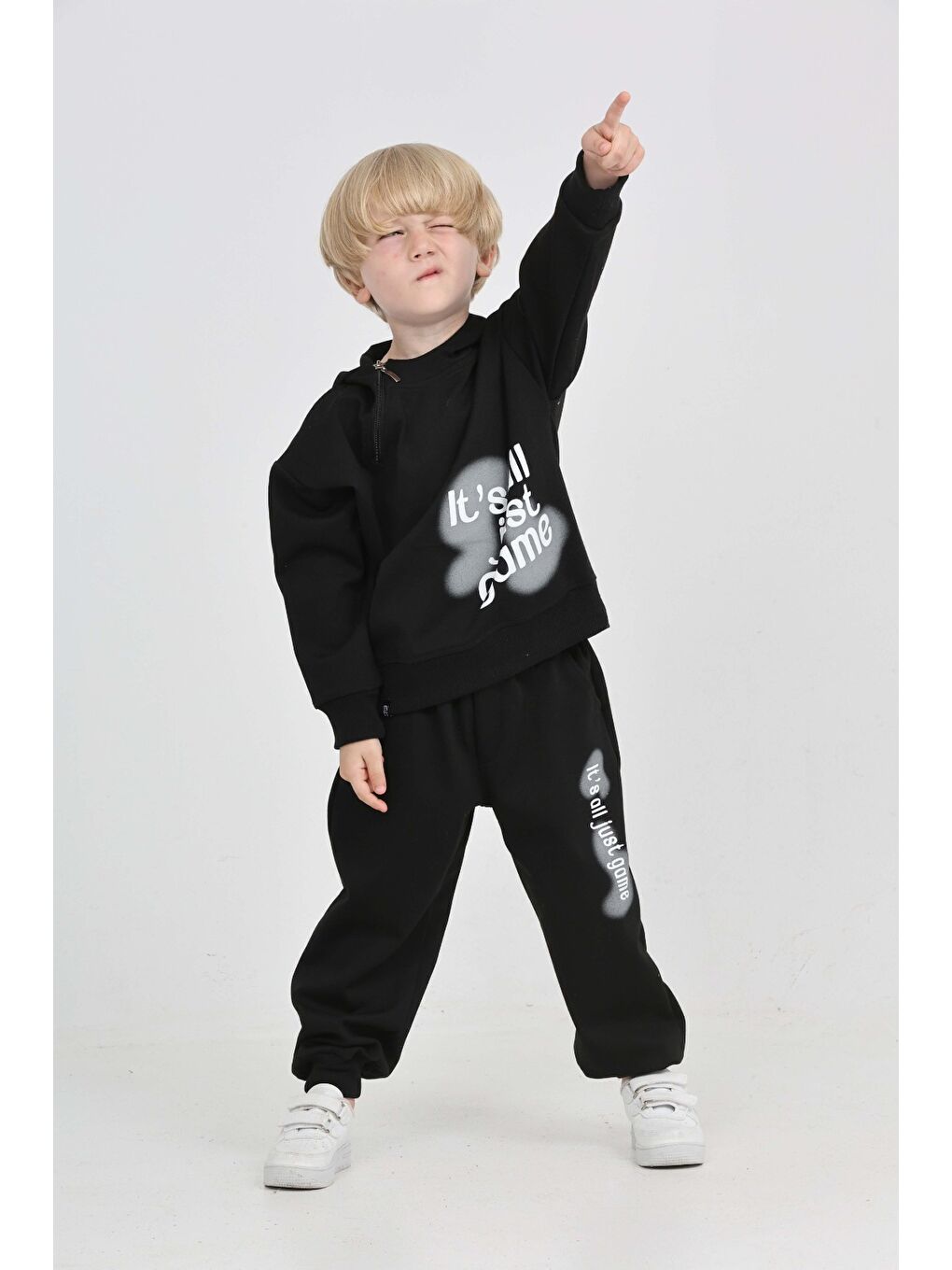 Siyah Erkek Çocuk Yaka Fermuarlı Eşofman Takım-2